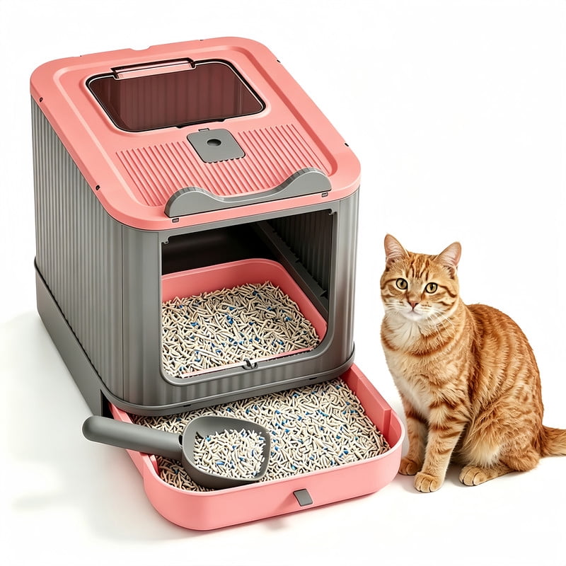 Qifang Elevated Cat Litter Box, 17.7x14.2x13.8in Leak Proof Top Entry Enclosed Cat Toilet with Scoop, Large Litter Pan for Multi-Cat Home, Pink