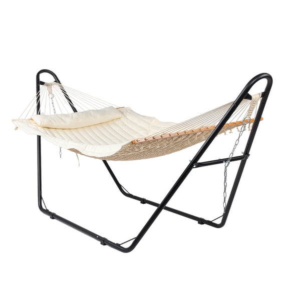Qifang Freestanding Hammock Set, Heavy Duty 440Lbs Capacity, Padded Cotton Bed, Adjustable Chain, Anti-Rust Iron Stand for Backyard Porch, Beige