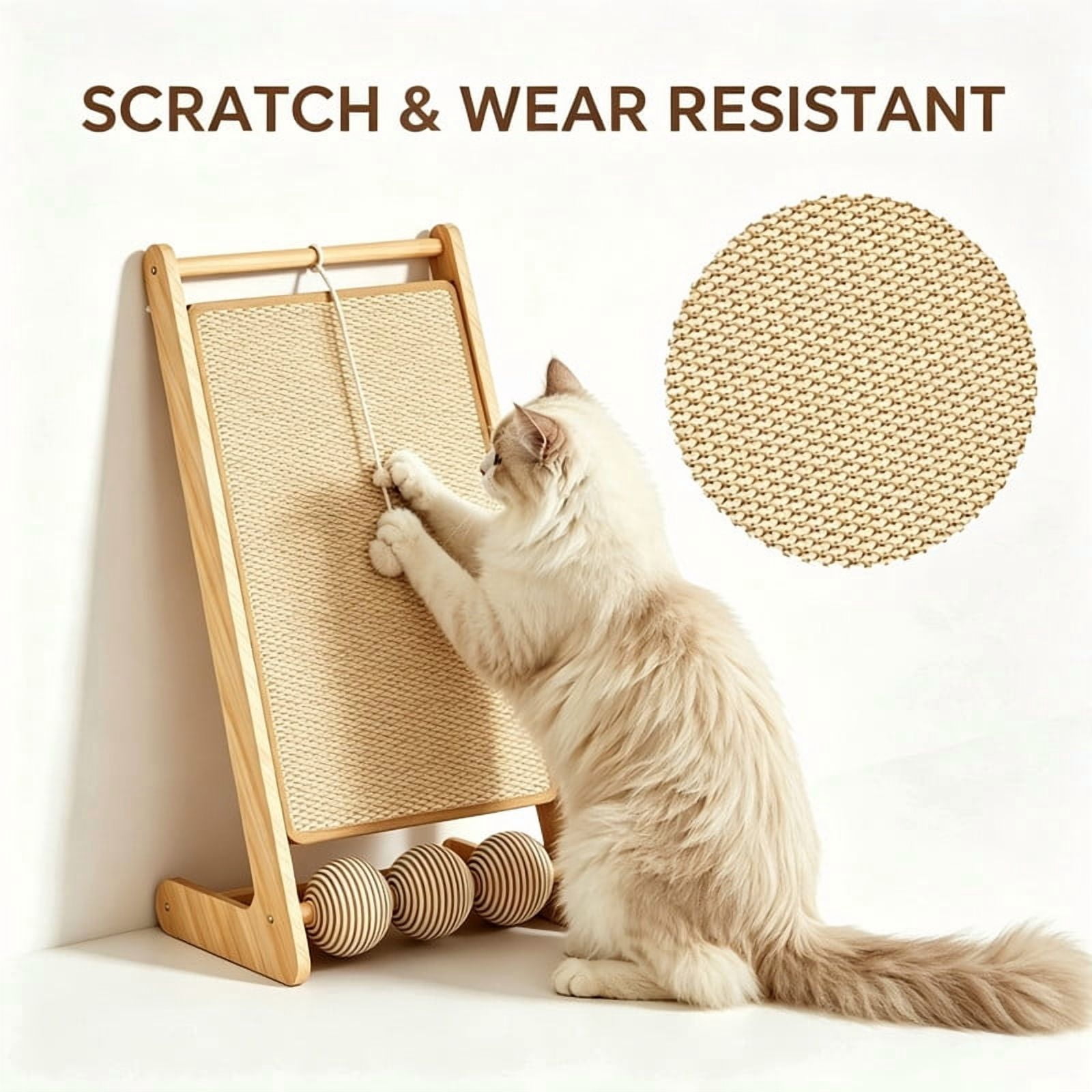 Qifang L-Shape Cat Scratcher, Sisal Scratch Pad with Hanging Ball, Reversible Cat Bed, Inclined Climbing Frame, Stable Triangular Base for Indoor Cats