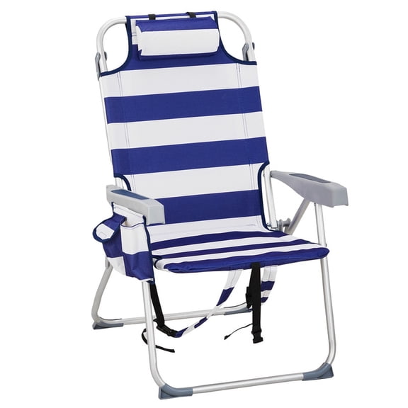 Qifang Multigear Reclining Beach Chair with Towel Bar & Cup Holder, 5-Position Adjustable Back, Aluminum Frame, Blue Stripe, 220 lb