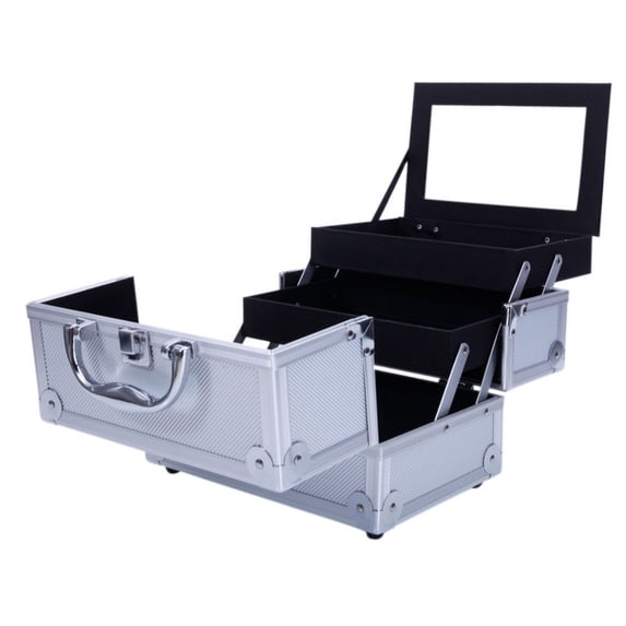 Qifang Silver Aluminum Makeup Train Case Lockable Cosmetic Jewelry Storage Box with Accordion Compartments and Built-in Mirror 9"x6"x6"