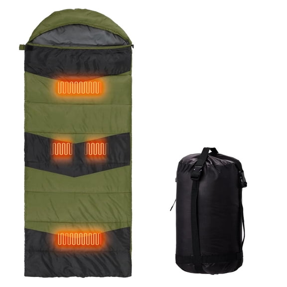 Qifang USB Powered Heating Sleeping Bag Rectangular Waterproof 190T Polyester Lightweight Envelope Bag for Backpacking Camping Green