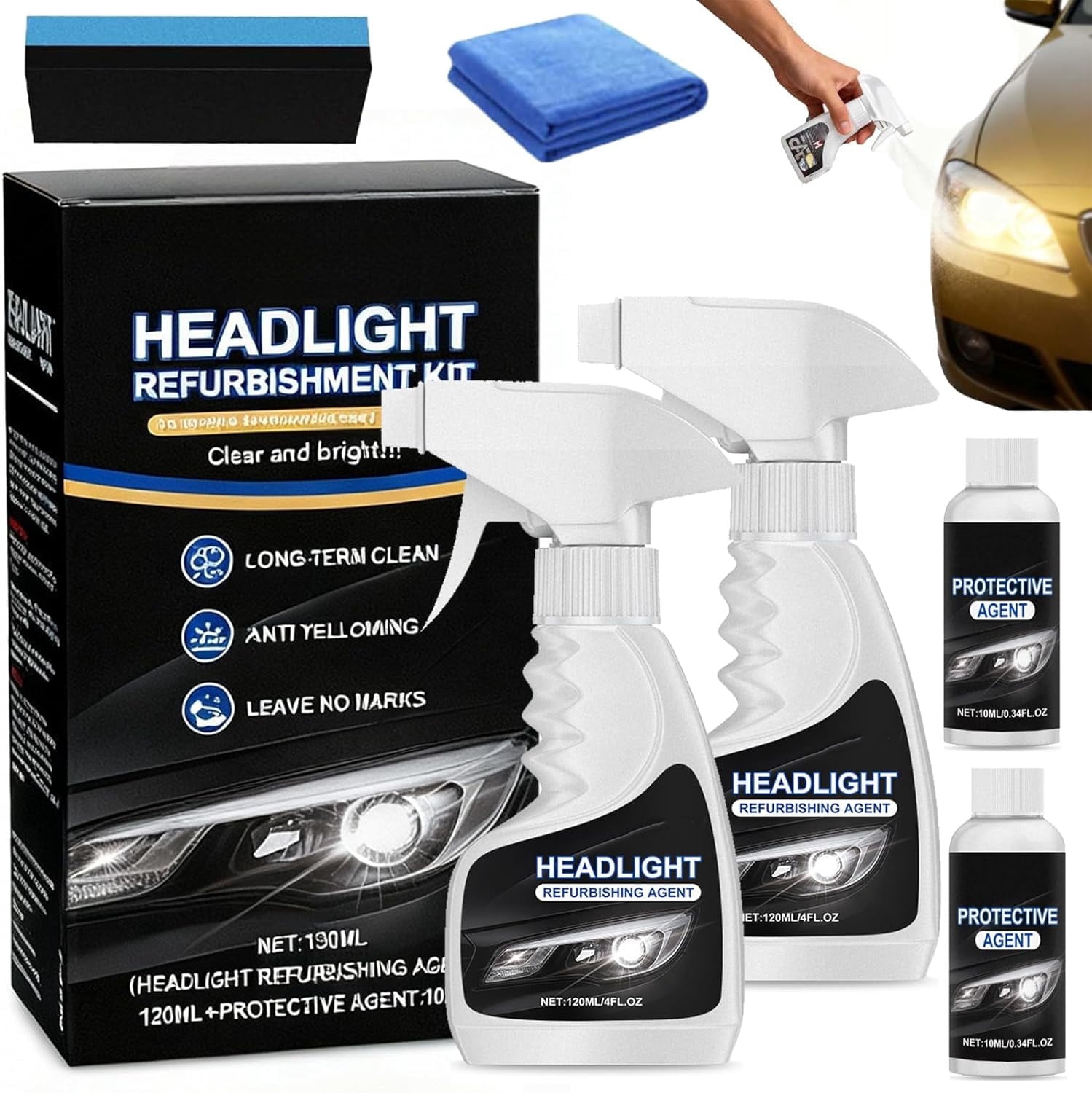 Qifor Headlight Cleaner, 2026 New Automotive Headlamp Restoration Fluid Kit, No Tools Needed + UV Protection, Restores Cloudy & Yellowed Headlights (New Model 2pcs)