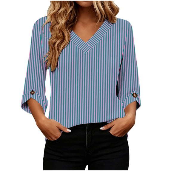 Qiggri 3/4 Length Sleeve Womens Tops Dressy Casual Blouses V Neck T Shirts Summer Tops Spring Outfits Loose Fit L