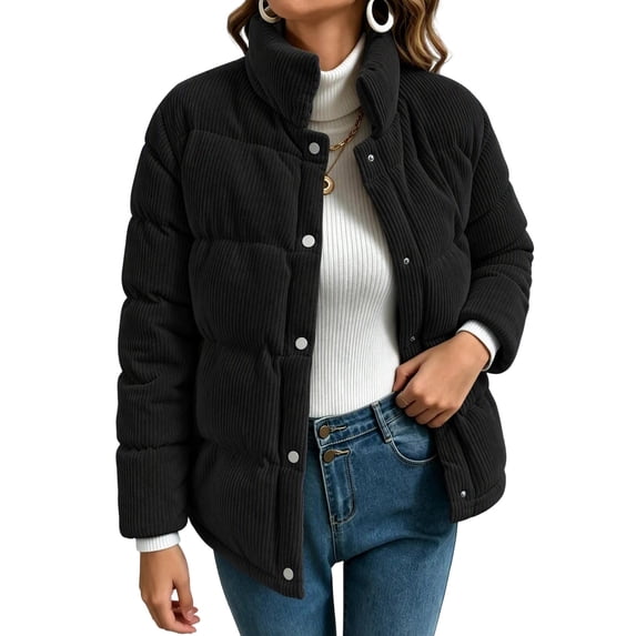 Qiggri Corduroy Puffer Jacket for Women Stand Collar Solid Color Winter Coat with Pockets Buttons Lined Inner for Casual Outdoor Daily Wear L