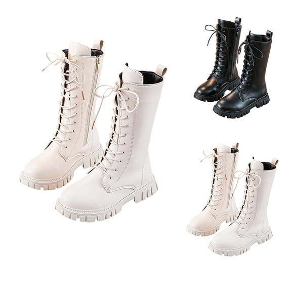 Qiggri Girls Fall Winter Solid Color Lace Up Martin Boots Stylish Princess Long Boots Side Zipper Mid Calf Boots For Little Kid Big Kid Student Daily Party Wear Shoes 31