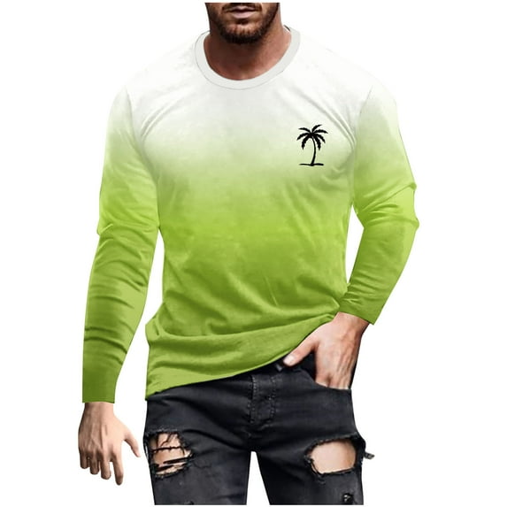 Qiggri Men Casual Fashion Gradient Printed Sports T-Shirt Round Neck Pullover Long Sleeve T-Shirt