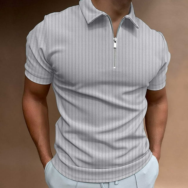 Qiggri Men Casual Solid Turndown Pullover Stripe High Elastic Short Sleeve Blouse Big Tall T-shirts for Men