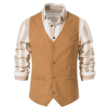 Qiggri Men Solid Fashion Retro Have Pockets Single Breasted Vest Tops Blouse Dressy Tank Top