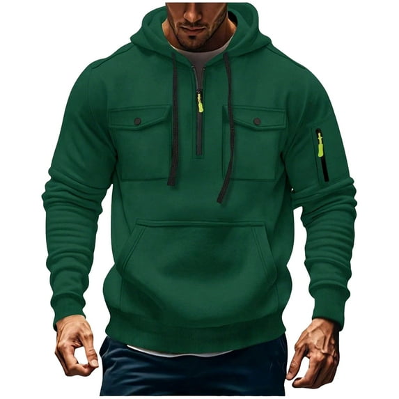 Qiggri Men's Cargo Solid Color Multiple Pockets Sports Ditness Training Long Sleeved Hooded Casual Hoodies