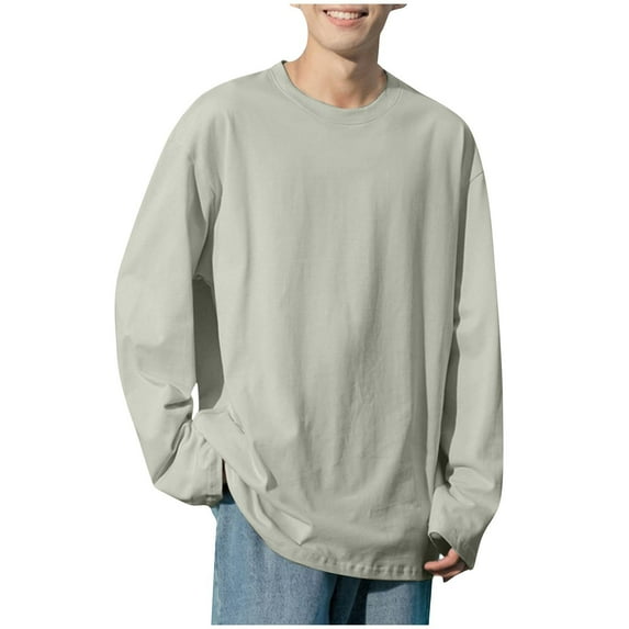 Qiggri Men's Casual Base Solid Color Loose Fitting Pullover Round Neck Long Sleeved T-Shirts