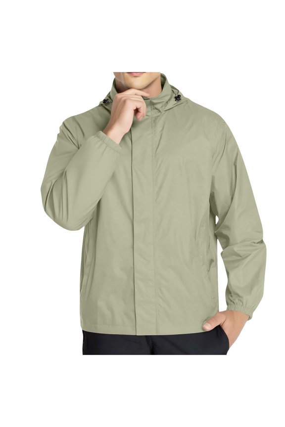 Men's Solid Color Outdoor Water Proofing Climb Sport Run Pocket Zipper Long Sleeved Hooded Jacket