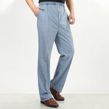 Qiggri Men's Summer Casual Pocket Solid Color Elastic Waist Straight Leg Pants On Clearance