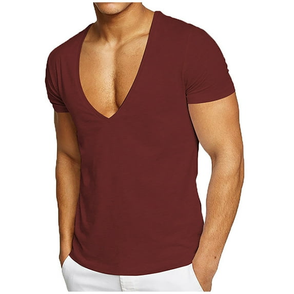 Qiggri Men's Summer Fitness Sports Leisure Sweatwicking Solid Color Deep V-neck T-shirt Mens Undershirts