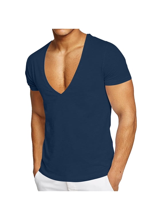 Men's Summer Fitness Sports Leisure Sweatwicking Solid Color Deep V-neck T-shirt Mens Undershirts