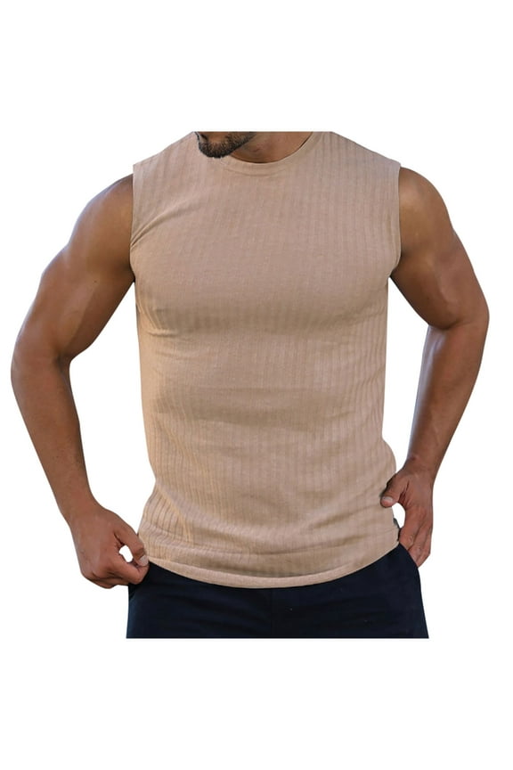 Athletic Tank Tops Qiggri Men's Summer Knitted Vertical Stripe Fitness Sports Round Neck Tank Top
