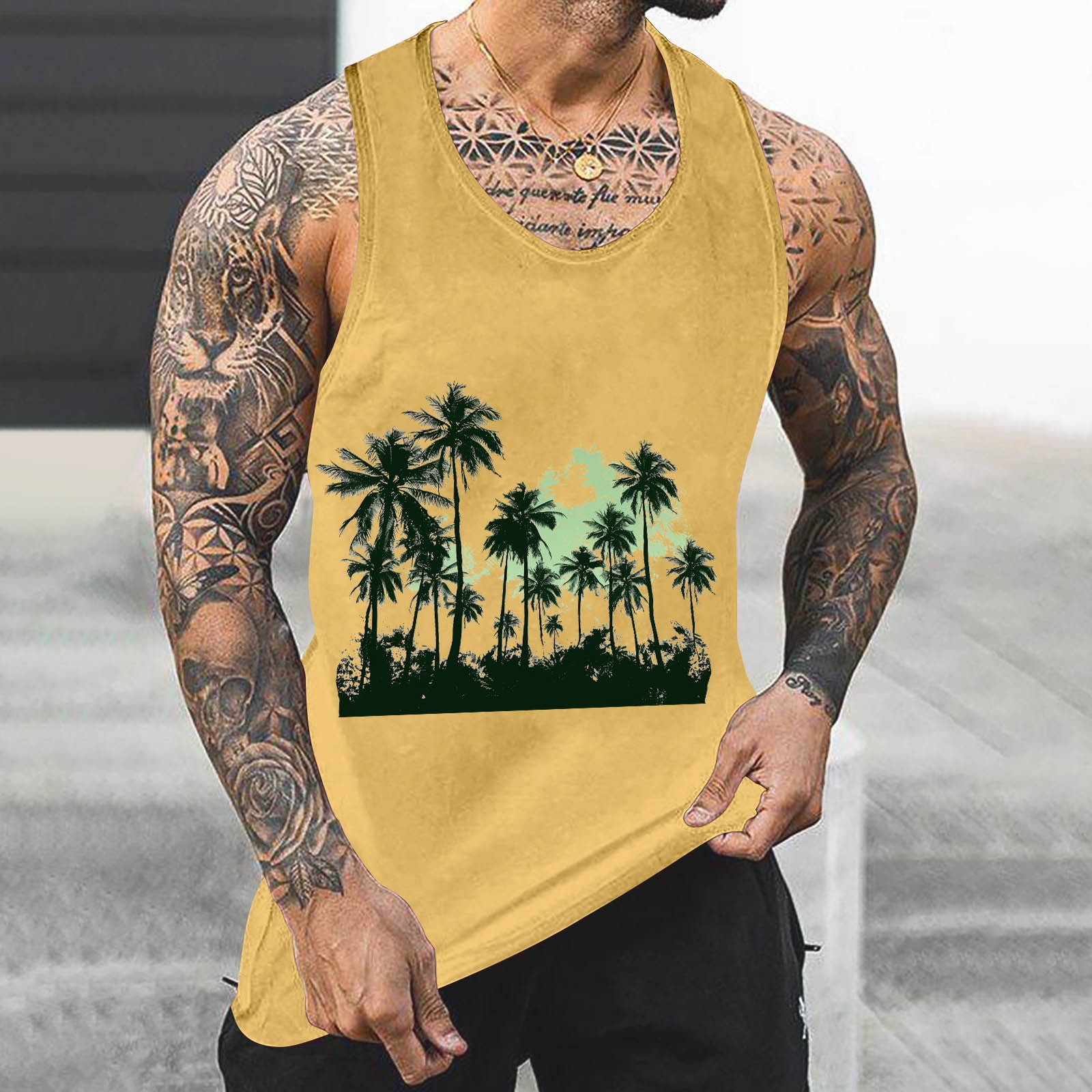 Qiggri Men's Tank Colorless Gradient Printing Round Neck Thin Strap