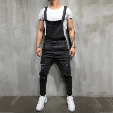 Qiggri Mens Washed Bib Overalls Casual Ripped Jumpsuits Rompers Loose Sweat Pants for Men