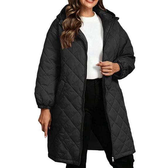 Qiggri Plus Size Hooded Quilted Puffer Jacket for Women Mid‑Length Long Sleeve Loose Fit Water‑Resistant Winter Coat with Pockets Oversize for Outdoor Daily Wear XXL
