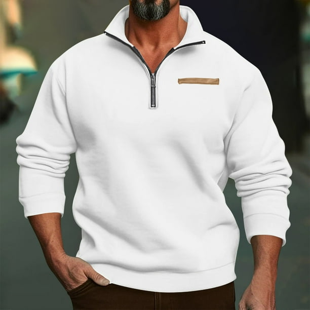 Qiggri Pullover Hoodie Pocket Solid Color Half Cut Half Zip Man