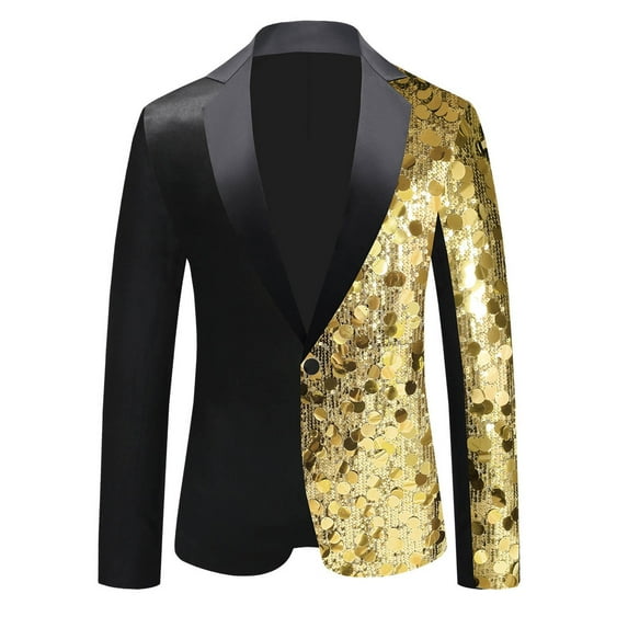Qiggri Sequin Blazers for Men's Color Block Peak Lapel Tuxedo Sparkly Patchwork Suit Jacket