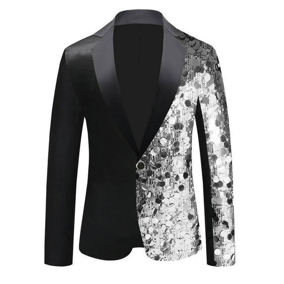 Qiggri Sequin Blazers for Men's Color Block Peak Lapel Tuxedo Sparkly Patchwork Suit Jacket