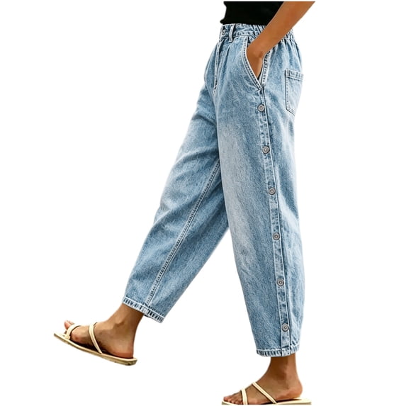 Qiggri Women Spring Denim Pants Elastic High Waist Loose Straight Leg Side Button Decor Multi Pockets Casual Jeans Long Trousers Streetwear M
