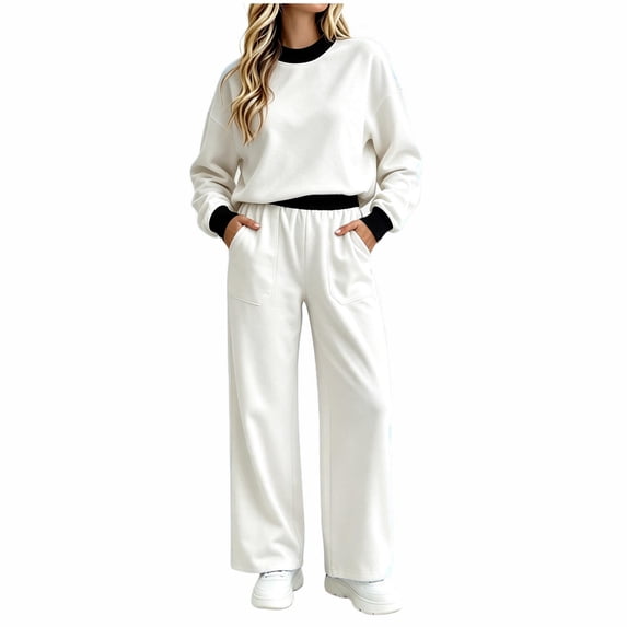 Qiggri Women's 2 Piece Set Color Block Crew Neck Sweatshirt Elastic Waist Wide Leg Pants Lightweight Co‑Ord Tracksuit with Side Pockets for Coffee Run Daily Errands XL