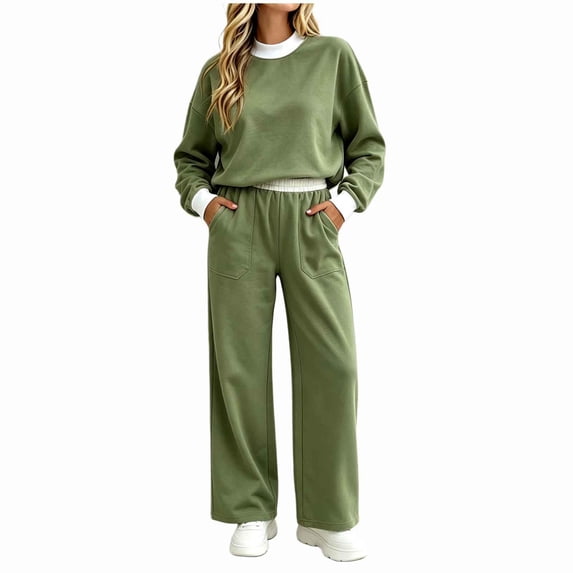 Qiggri Women's 2 Piece Set Color Block Crew Neck Sweatshirt Elastic Waist Wide Leg Pants Lightweight Co‑Ord Tracksuit with Side Pockets for Coffee Run Daily Errands S