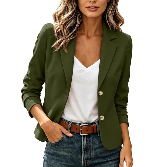 Qiggri Women's Cropped Blazer 2 Button Notched Lapel Jacket Casual Long Sleeve Slim Fully Lined Office Business Work Suit Coat M