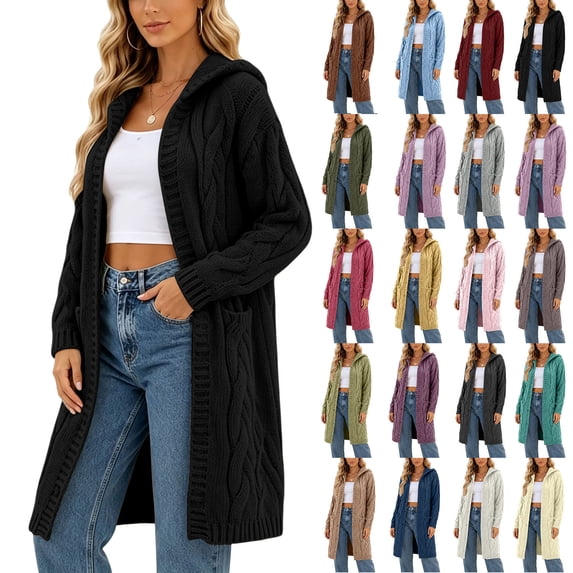 Qiggri Women's Hooded Cable Knit Long Cardigan Open Front Long Sleeve Sweater Coat with Pockets Loose Casual Outerwear for Fall Winter L