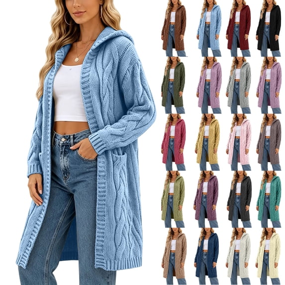 Qiggri Women's Hooded Cable Knit Long Cardigan Open Front Long Sleeve Sweater Coat with Pockets Loose Casual Outerwear for Fall Winter XL