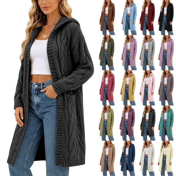 Qiggri Women's Hooded Cable Knit Long Cardigan Open Front Long Sleeve Sweater Coat with Pockets Loose Casual Outerwear for Fall Winter XXL
