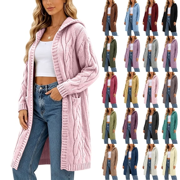 Qiggri Women's Hooded Cable Knit Long Cardigan Open Front Long Sleeve Sweater Coat with Pockets Loose Casual Outerwear for Fall Winter XXXL