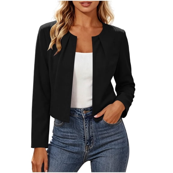 Qiggri Women's Lightweight Cropped Blazer Solid Color Round Collar Pleated Open Front Long Sleeve Thin Shrug With Pockets Spring Fall Office Cover Up Dress M
