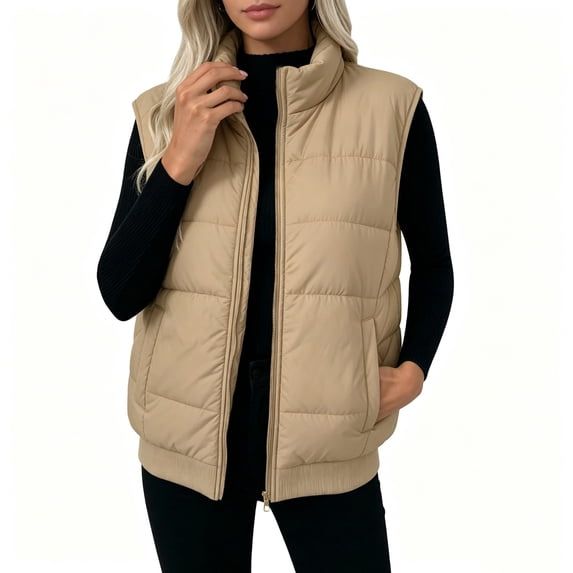 Qiggri Women's Lightweight Quilted Puffer Vest Sleeveless Stand Collar Zip Up Padded Outerwear Gilet Fall Winter Casual Work Walk M