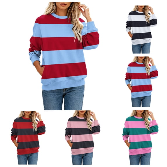 Qiggri Women's Long Sleeve Striped Crewneck Oversized Y2k Pullover Sweatshirt Casual Loose Streetwear Rugby Tops for Daily Workout L