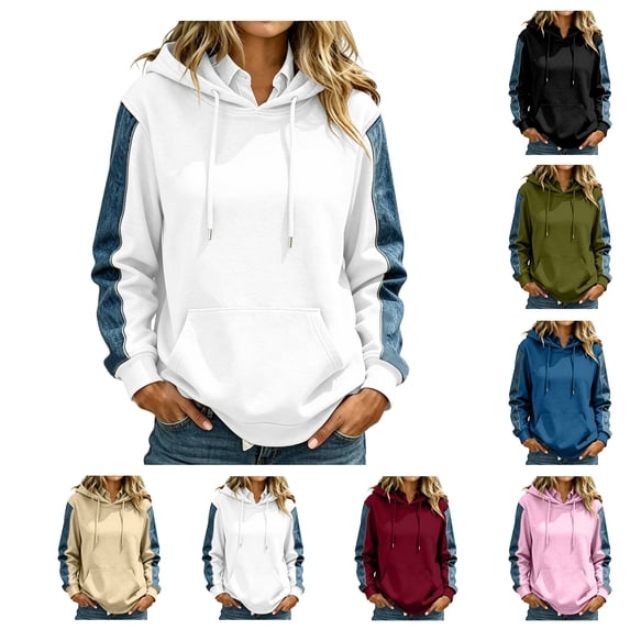 Qiggri Women's Oversized Embroidered Hoodies 2026 Sweatshirts Long Sleeve Pullover with Kangaroo Pocket Stripe Side Patchwork Tops Casual Fall Winter Outfits S