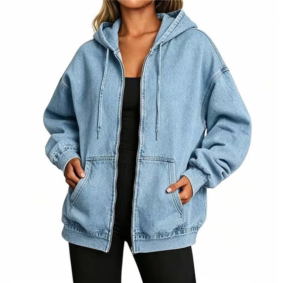 Qiggri Women's Oversized Hooded Denim Jacket Long Sleeve Zip Up Jean Hoodie Trench Coat Casual Loose Bomber Outerwear Casual Street 2026 Spring Fall L
