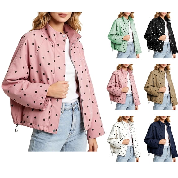 Qiggri Women's Polka Dot Stand Collar Zip Up Casual Jacket Snap Accent Drawstring Hem Long Sleeve Outerwear Coat for Spring Fall Vacation Travel Office Casual 2026 XL