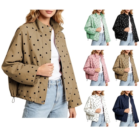 Qiggri Women's Polka Dot Stand Collar Zip Up Casual Jacket Snap Accent Drawstring Hem Long Sleeve Outerwear Coat for Spring Fall Vacation Travel Office Casual 2026 XL