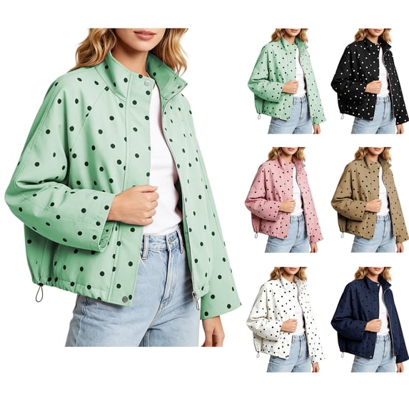 Qiggri Women's Polka Dot Stand Collar Zip Up Casual Jacket Snap Accent Drawstring Hem Long Sleeve Outerwear Coat for Spring Fall Vacation Travel Office Casual 2026 L