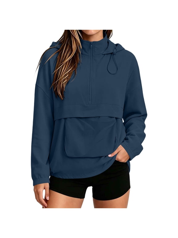 Women's Quarter Zip Pullover Windbreaker Lightweight Waterproof Breathable Drawstring Hem Long Sleeve Outdoor Rain Jacket for Spring Fall Hiking L