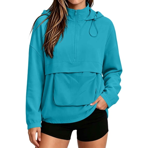 Qiggri Women's Quarter Zip Pullover Windbreaker Lightweight Waterproof Breathable Drawstring Hem Long Sleeve Outdoor Rain Jacket for Spring Fall Hiking M