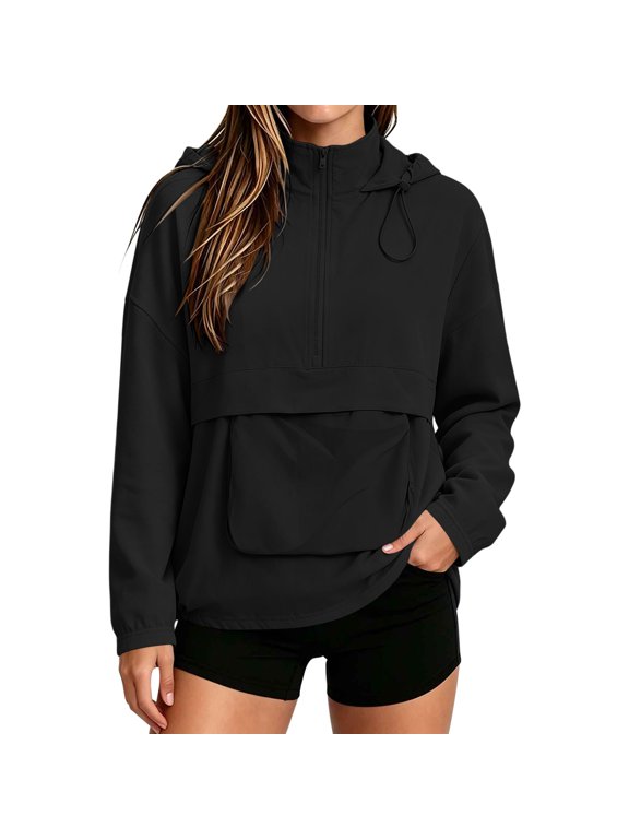 Women's Quarter Zip Pullover Windbreaker Lightweight Waterproof Breathable Drawstring Hem Long Sleeve Outdoor Rain Jacket for Spring Fall Hiking XXL