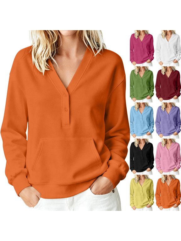 Women's V-Neck Henley Sweatshirt,Long Sleeve Fleece Pullover with Pocket,Casual Loose Fit Top for Fall Winter