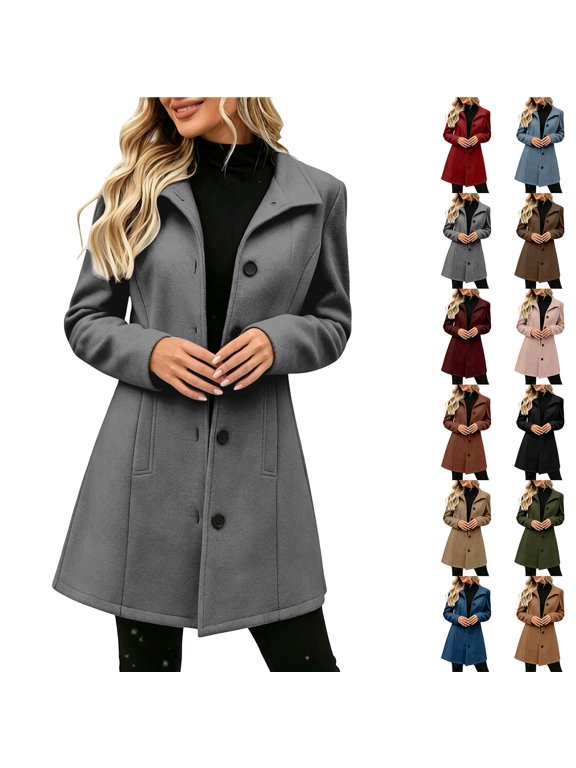 Women's Winter Overcoat Peter Pan Collar Single Breasted Pea Coat A Line Outerwear Long Sleeve Pockets Work Office Business Casual XXL