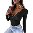 thumbnail image 1 of Qiggri Womens Fashion Tops Long Sleeve Henley Shirts Fitted Low Cut Tops Ribbed Zipper V Neck Cleavage Fall Shirts Blouses for Daily L, 1 of 7