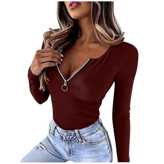 Qiggri Womens Fashion Tops Long Sleeve Henley Shirts Fitted Low Cut Tops Ribbed Zipper V Neck Cleavage Fall Shirts Blouses for Daily M