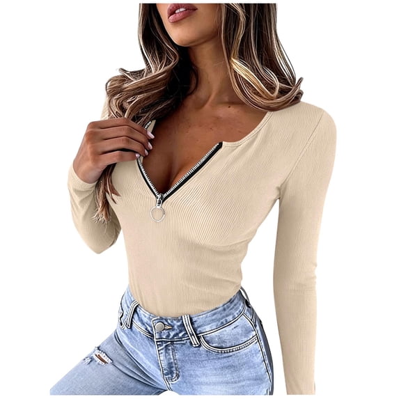 Qiggri Womens Fashion Tops Long Sleeve Henley Shirts Fitted Low Cut Tops Ribbed Zipper V Neck Cleavage Fall Shirts Blouses for Daily XL